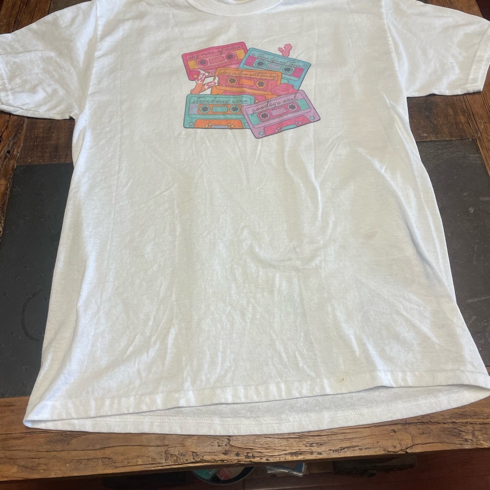White T-Shirt with Colorful Cassette print. 80’western vibes